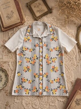 Vintage Floral Rose Print Button Front Blouse White Striped Top Size M/L